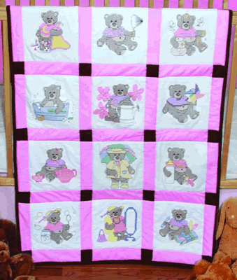 girl bear infant quilt block - Click Image to Close
